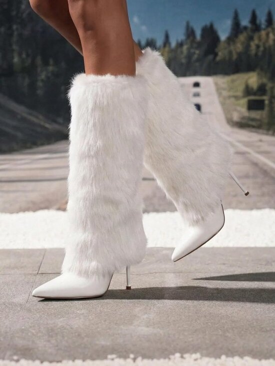 Newbella Shoes - Womens White Faux Fur Knee High Stiletto Boots Size 7 NWT, Newbella